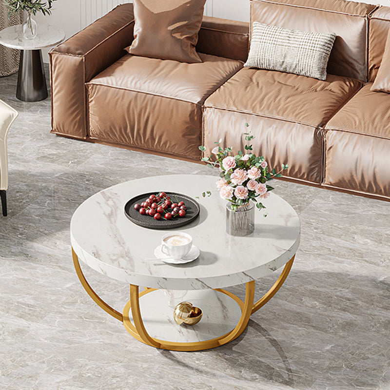 Mesa de café moderna de lujo redonda de tablero de densidad de acero con 1 estante para sala de estar 