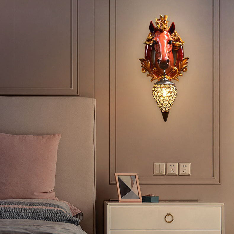 Modern Eclectic Resin Horse Head Decor Crystal Round Shade 1-Light Wall Sconce Lamp For Living Room