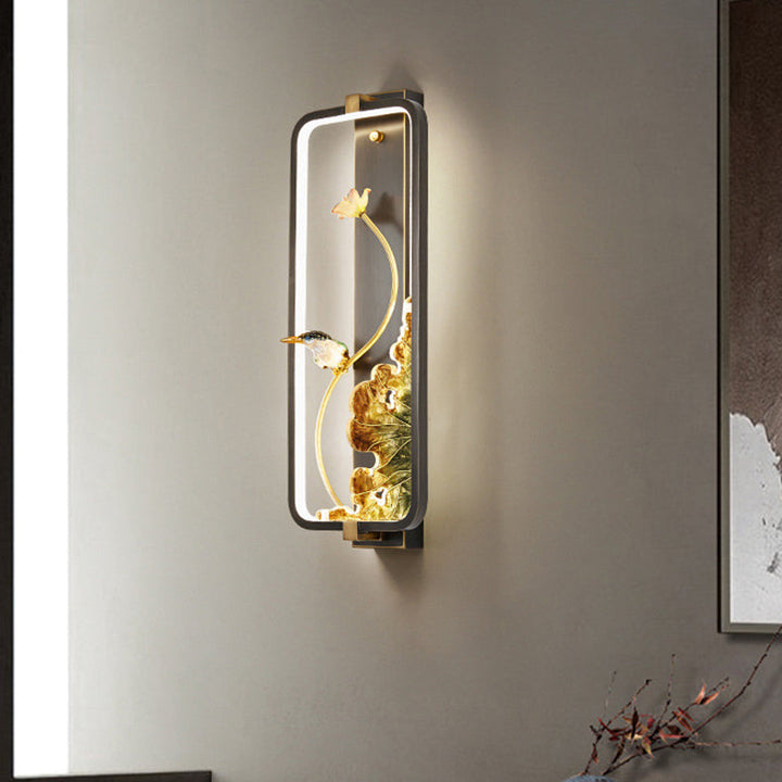 Lampe murale LED avec cadre rectangulaire en cuivre émaillé lotus chinois traditionnel pour chambre 