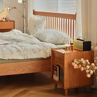 Table de nuit cube en bois massif rétro contemporain avec 1 tiroir pour chambre à coucher 