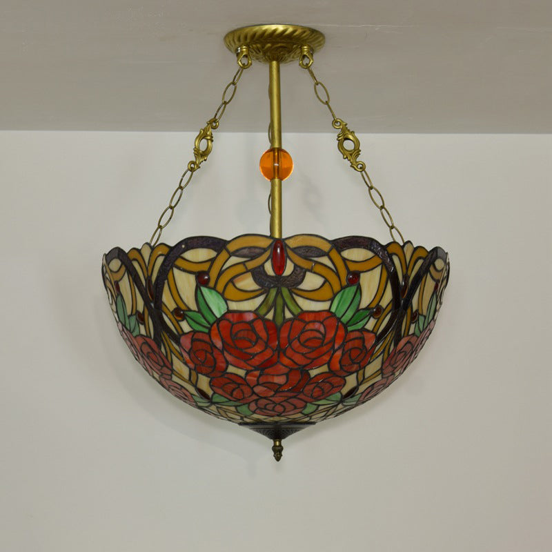 Traditioneller Tiffany-Buntglas-Rosenblumen-Eisen-3-Licht-Kronleuchter für das Wohnzimmer 