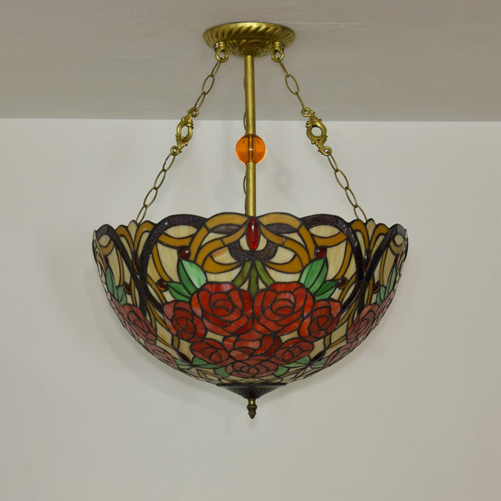 Traditioneller Tiffany-Buntglas-Rosenblumen-Eisen-3-Licht-Kronleuchter für das Wohnzimmer 