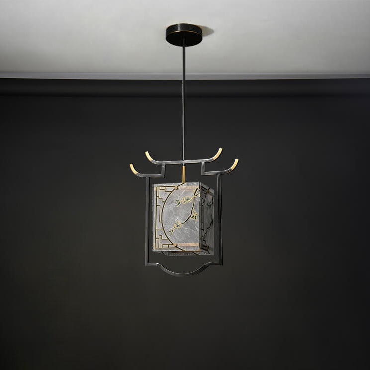 Lustre suspendu à 1 lumière en cuivre lucite émaillé quadrilatère chinois traditionnel pour salon 