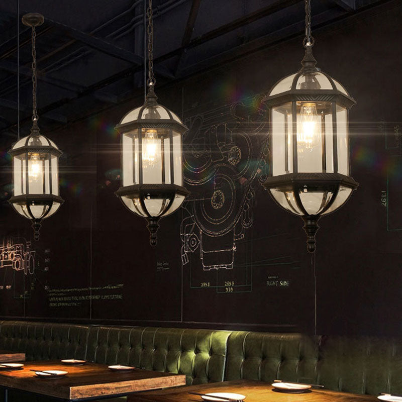 Zeitgenössische Retro sechseckige Laterne Glas Aluminium 1-Licht wasserdichte Pendelleuchte für Terrasse im Freien 