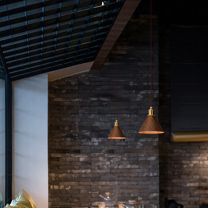 Modern Minimalist Solid Wood Cone Copper 1-Light Pendant Light For Living Room