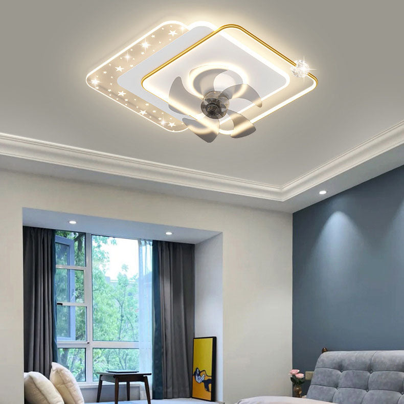 Contemporary Creative Iron Acrylic Round Square LED Semi-Flush Mount Ceiling Fan Light For Bedroom