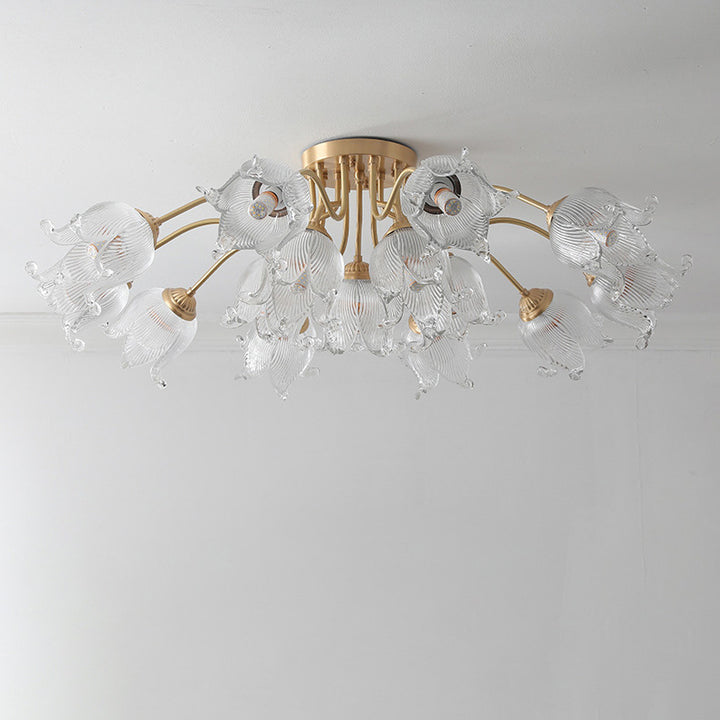 Traditional European Copper Glass Flower 5/12/15 Light Semi-Flush Mount Ceiling Light For Living Room