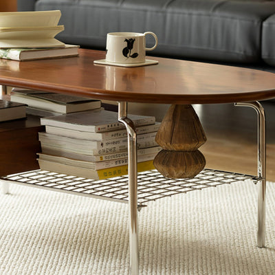 Table basse contemporaine rétro elliptique en bois de pin, bois de cerisier et acier inoxydable à 2 niveaux pour le salon 