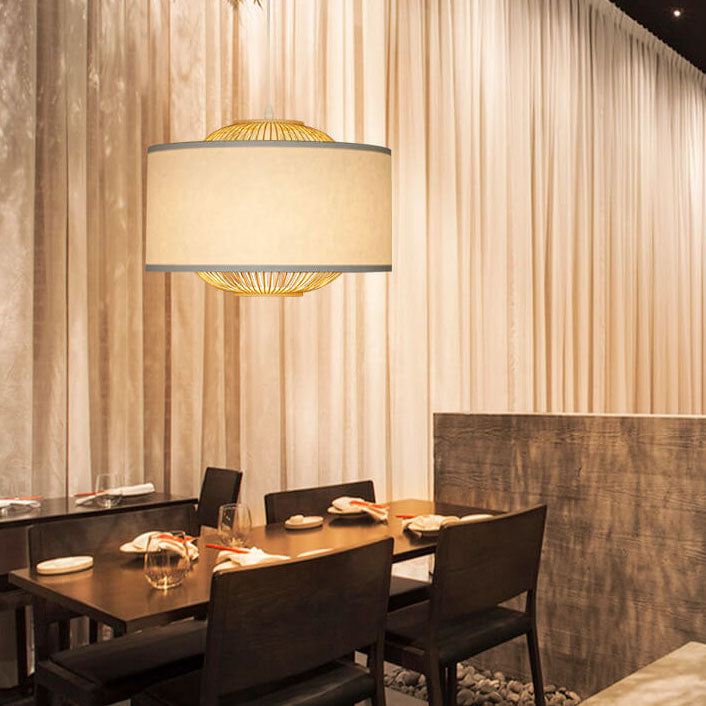 Contemporary Scandinavian Zen Bamboo Weaving Parchment Drum 1-Light Pendant Light for Living Room