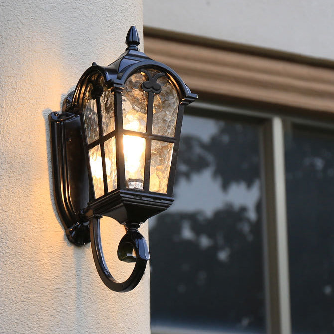 Cilindro de vidrio de aluminio impermeable tradicional europeo con ondas para lámpara de pared de 1 luz para patio exterior 
