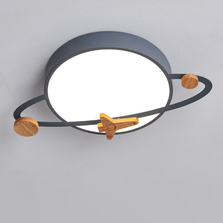 Contemporary Scandinavian Iron Acrylic Wood Round Planet Design LED Kids Flush Mount Ceiling Light For Bedroom