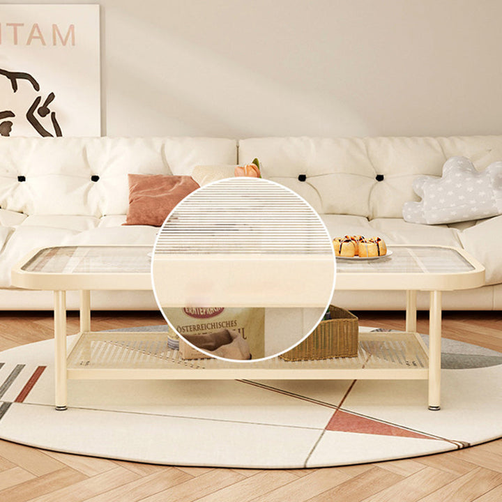 Moderner minimalistischer rechteckiger Glas-Kohlenstoffstahl-Couchtisch mit 2 Ebenen für das Wohnzimmer 