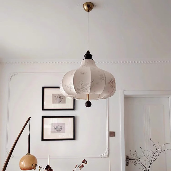 Suspension Luminaire Traditionnel Vintage en Forme de Châtaigne Ronde en Tissu Bois Massif 3/5 Lumières pour Salon 