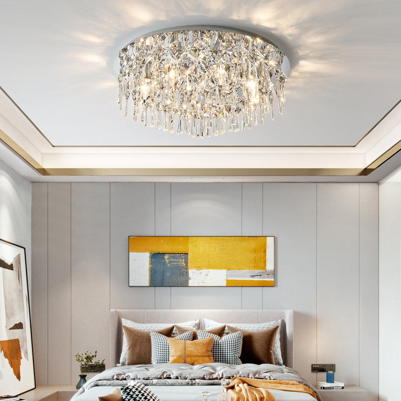 Luxe contemporain Éblouissant chaînes de cristal prismatiques Cadre rond en acier inoxydable Plafonnier encastré à 2/6/8 lumières pour salon 