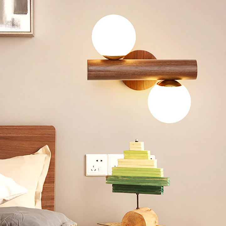 Traditional Japanese Metal Rubber Wood Walnut Glass Cylinder Strip Ball 2-Light Wall Sconce Lamp For Bedside