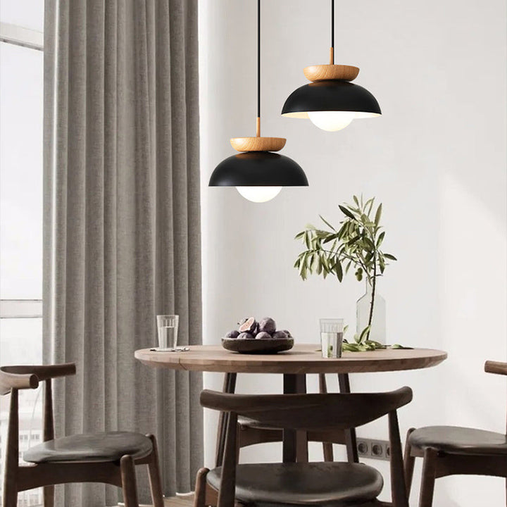 Suspension 1 lumière en bois et fer avec abat-jour rond moderne minimaliste pour salon 