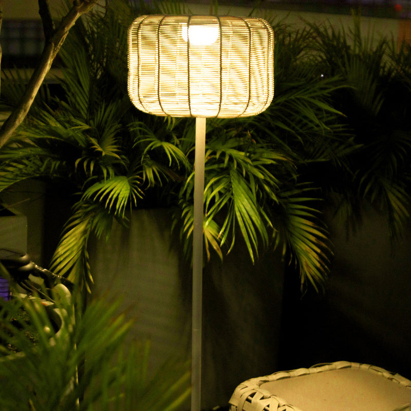 Contemporary Retro Solar Waterproof Weaving Rattan Metal Cylinder LED Landscape Lighting Outdoor Light For Outdoor Patio