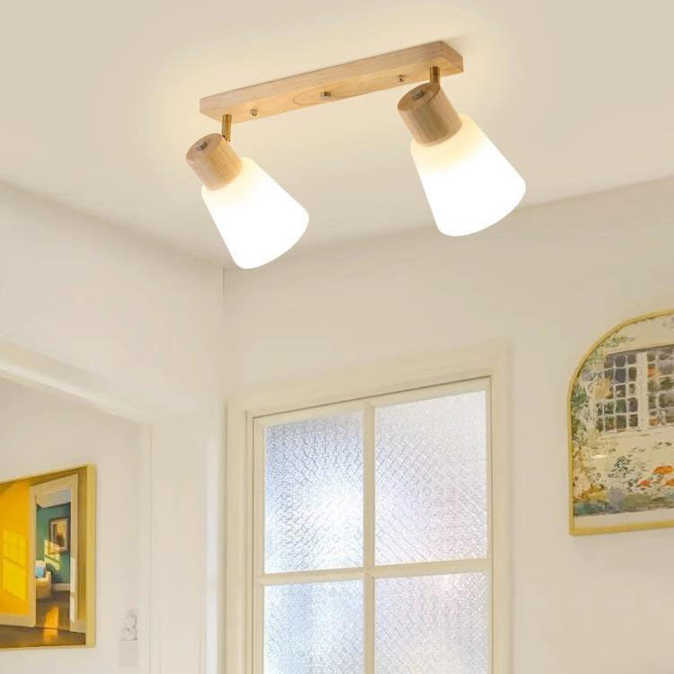 Traditional Vintage Rubberwood Glass Trumpet Shade 1/2/3/4-Light Semi-Flush Mount Ceiling Light For Living Room