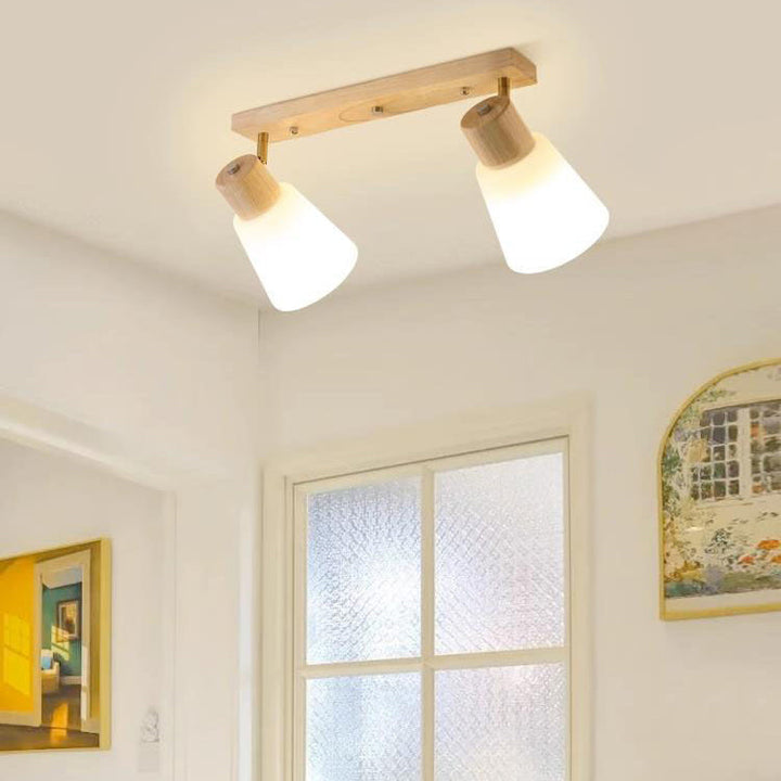 Traditional Vintage Rubberwood Glass Trumpet Shade 1/2/3/4-Light Semi-Flush Mount Ceiling Light For Living Room