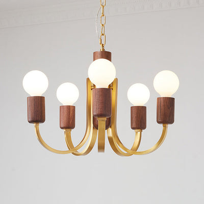 Zeitgenössischer Vintage-Kronleuchter mit gebogener Stange, Zylinder, Kerzenständer-Form, Kupfer, Holz, 3/4/5 Lichter, für Wohnzimmer 