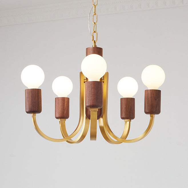 Zeitgenössischer Vintage-Kronleuchter mit gebogener Stange, Zylinder, Kerzenständer-Form, Kupfer, Holz, 3/4/5 Lichter, für Wohnzimmer 