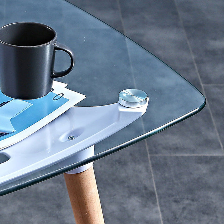Table à manger contemporaine à coins ronds en verre carré avec pieds en bois massif pour salle à manger 