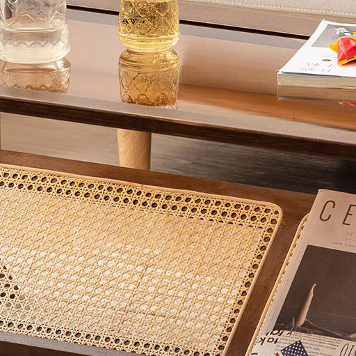 Traditional Japanese Rectangle Z-Shape Bamboo Glass Resin Rattan Weaving Coffee Table For Living Room