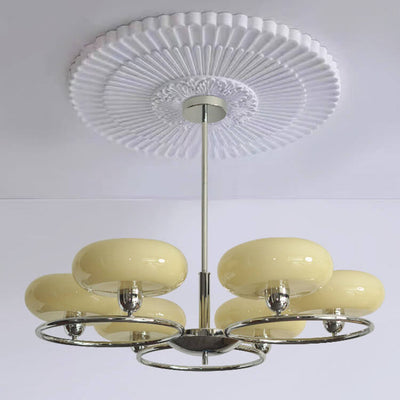 French Vintage Green Cream Glass Round Chrome Circle 6-Light Chandelier