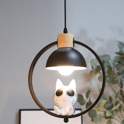 Suspension contemporaine en bois nordique fer résine ronde chat de dessin animé 1 lumière pour chevet 