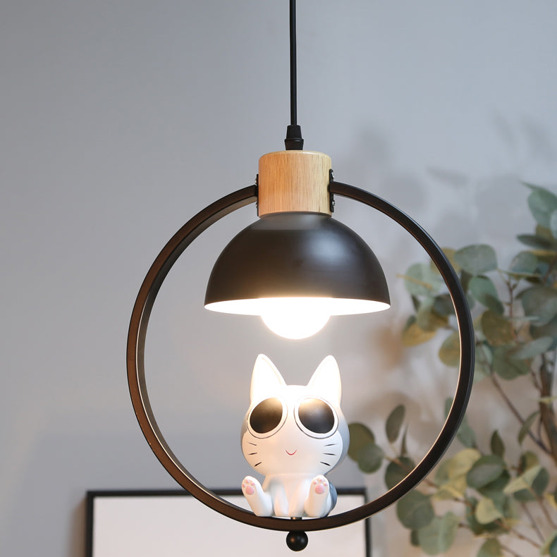 Suspension contemporaine en bois nordique fer résine ronde chat de dessin animé 1 lumière pour chevet 