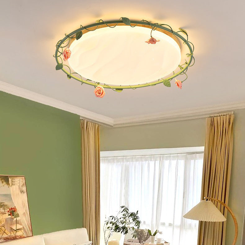 Contemporary Creative Round Square Rose Leaf Iron Rubberwood Acrylic LED Flush Mount Ceiling Light For Bedroom