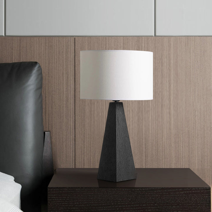 Lampe de table contemporaine créative cylindrique prismatique en bois massif avec tissu 1 lumière pour chambre 
