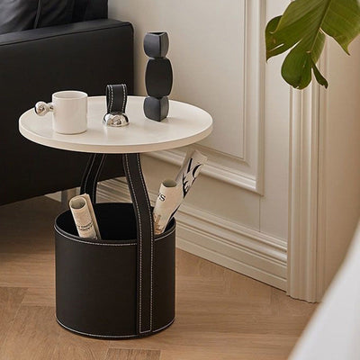 Contemporary Creative Round Barrel Faux Saddle Leather Stainless Steel Coffee Table Tote For Living Room