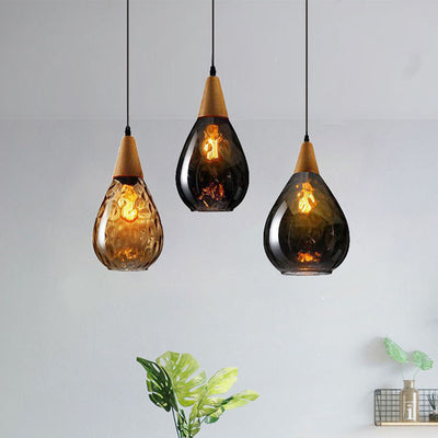 Contemporary Industrial Water Drops Wood Glass 1-Light Pendant Light For Living Room