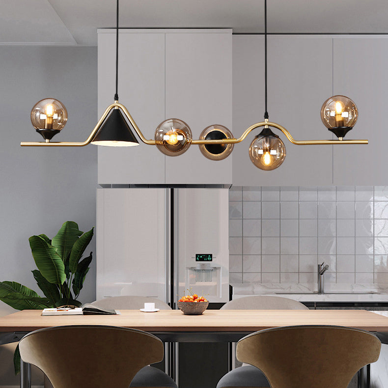 Contemporary Scandinavian Long Round Ball Cone Iron Glass 6-Light Island Light Chandelier For Dining Room