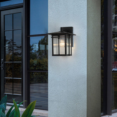 Contemporary Industrial Aluminum Rectangular Frame Ribbed Glass Shade 1-Light Wall Sconce Lamp For Outdoor Patio