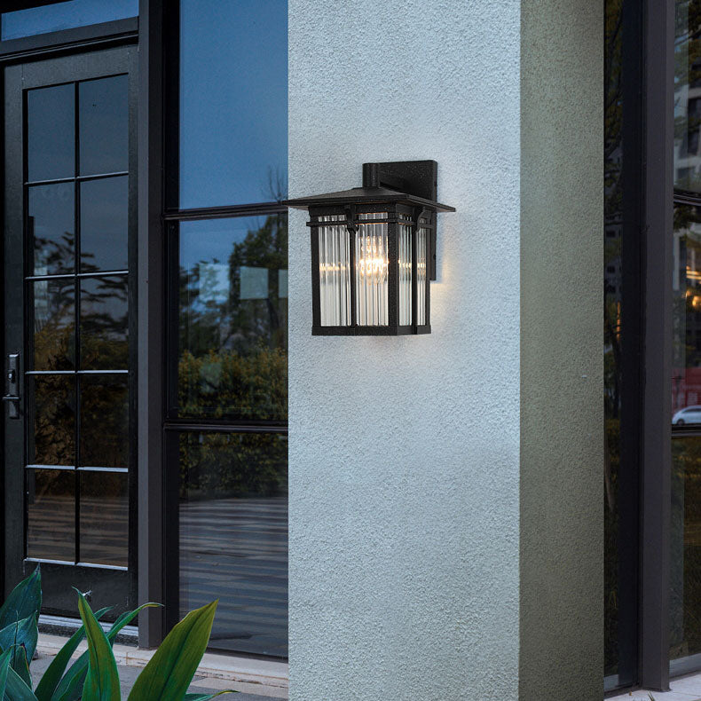 Contemporary Industrial Aluminum Rectangular Frame Ribbed Glass Shade 1-Light Wall Sconce Lamp For Outdoor Patio