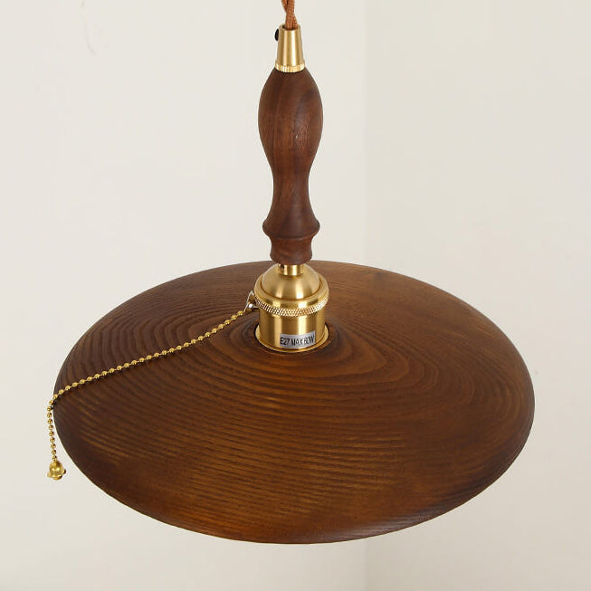 Contemporary Retro Ash Wood Copper Round Dish Irregular Grain 1-Light Pendant Light For Dining Room