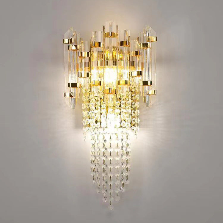 Applique Murale Moderne en Acier Inoxydable Doré de Luxe avec Pampilles en Cristal et 2 Lumières pour Salon 