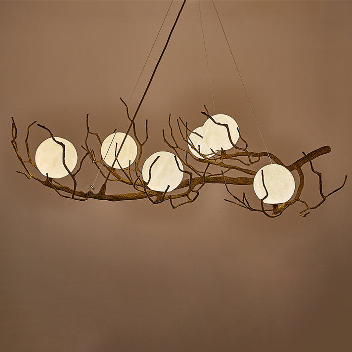 Candelabro contemporáneo de 6 luces de rama de árbol creativo de hierro, resina y vidrio para comedor 