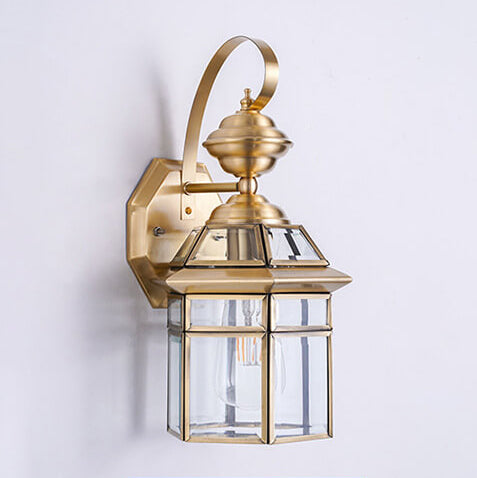 Traditional European Outdoor Hexagonal Cage Glass Copper 1-Light Waterproof Wall Sconce Lamp For Outdoor