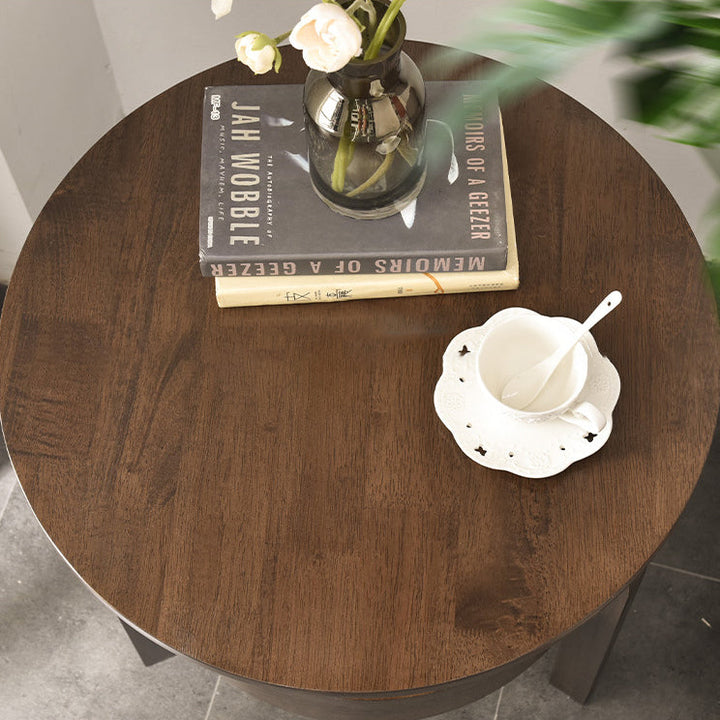 Mesa auxiliar redonda contemporánea, retro y vintage de madera de caucho, madera de pino y contrachapado con cajón de 2 niveles para sala de estar 