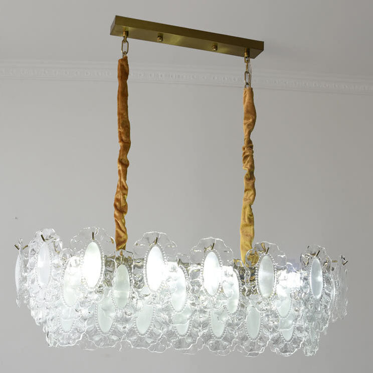 French Vintage Rectangular Pearl Glass 8-Light Island Light Chandelier