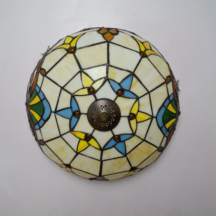 Plafonnier à trois lumières en verre teinté à rayures florales demi-orbe traditionnel Tiffany pour salon 