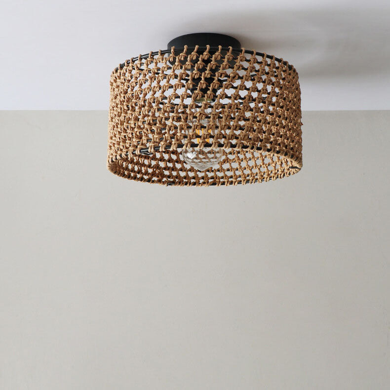Japanische Wabi-Sabi Hanfseil Weben Zylinder 1-Licht Semi-Flush Mount Deckenleuchte 