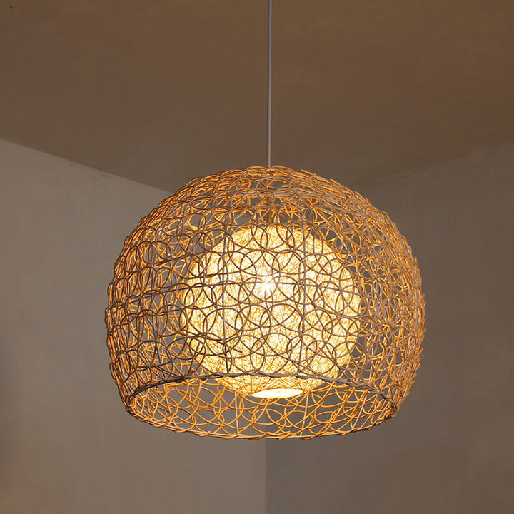 Contemporary Boho Round Faux Rattan Weaving 1-Light Pendant Light For Dining Room