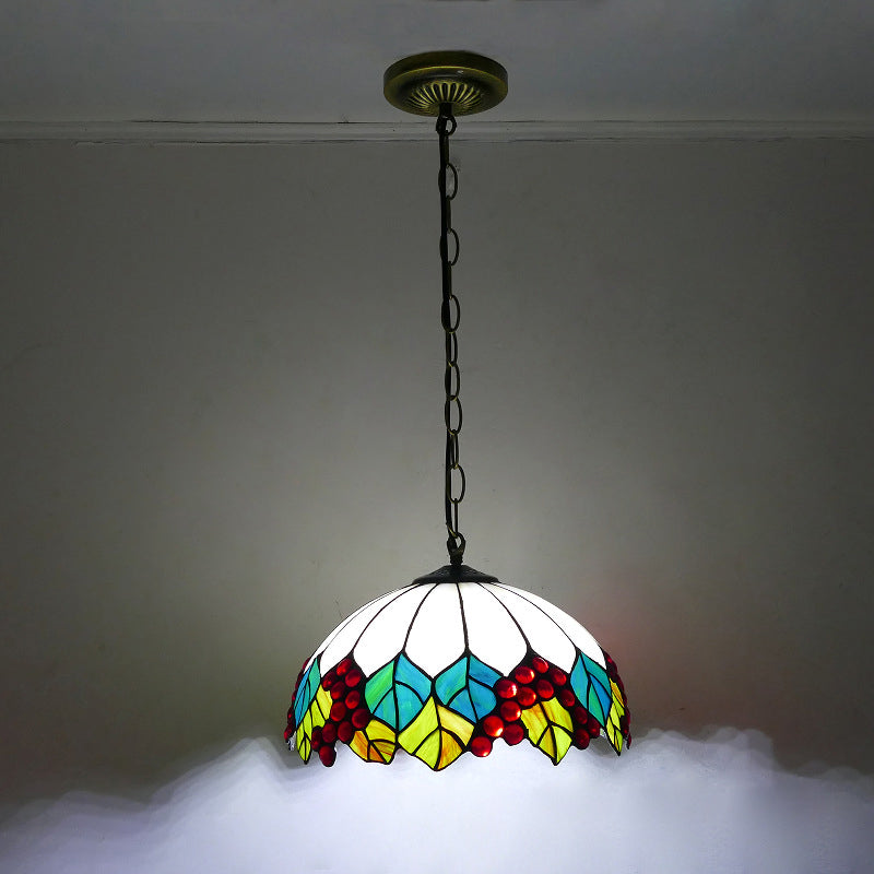 Traditional Tiffany Round Dome Iron Glass 1-Light Pendant Light For Living Room