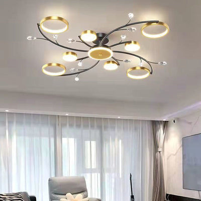 Moderne Luxus-Zweig Runde Hardware Eisen Acryl Kristall Silikon LED Semi-Flush Mount Deckenleuchte für Wohnzimmer 