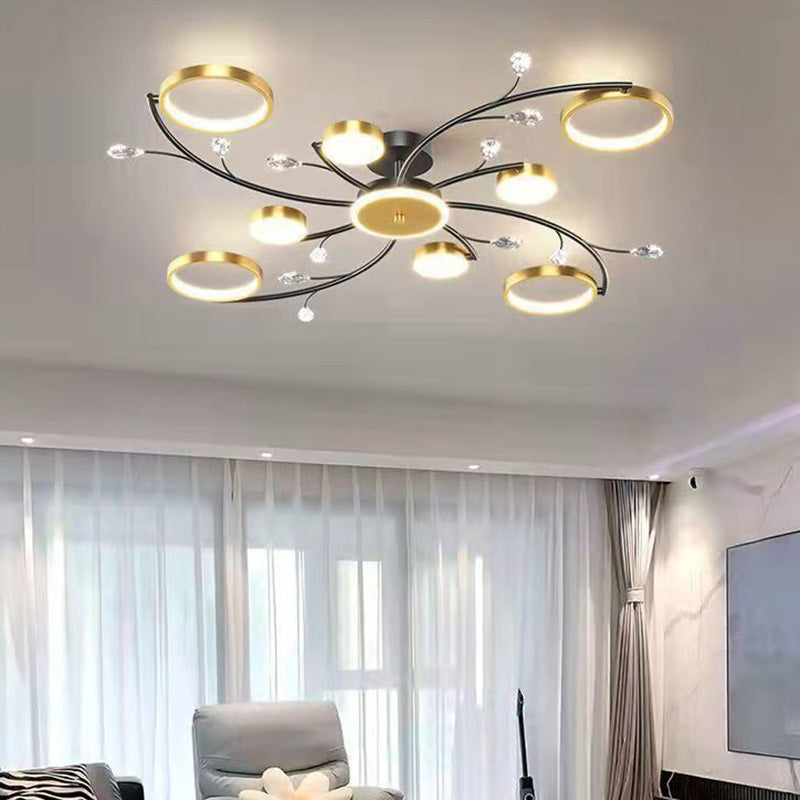 Moderne Luxus-Zweig Runde Hardware Eisen Acryl Kristall Silikon LED Semi-Flush Mount Deckenleuchte für Wohnzimmer 