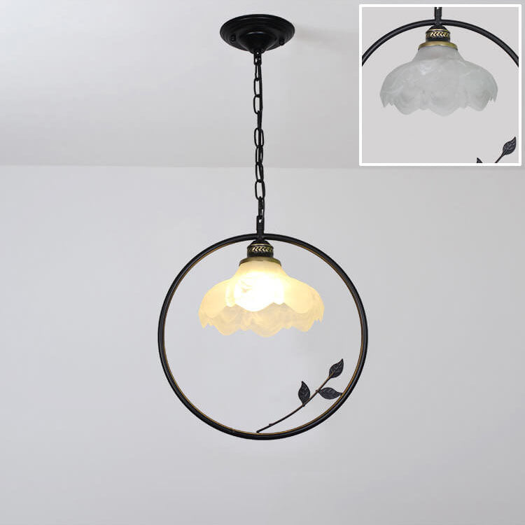 Creative Flower Bud Glass Shade Circle Ring Wrought Iron 1-Light Pendant Light